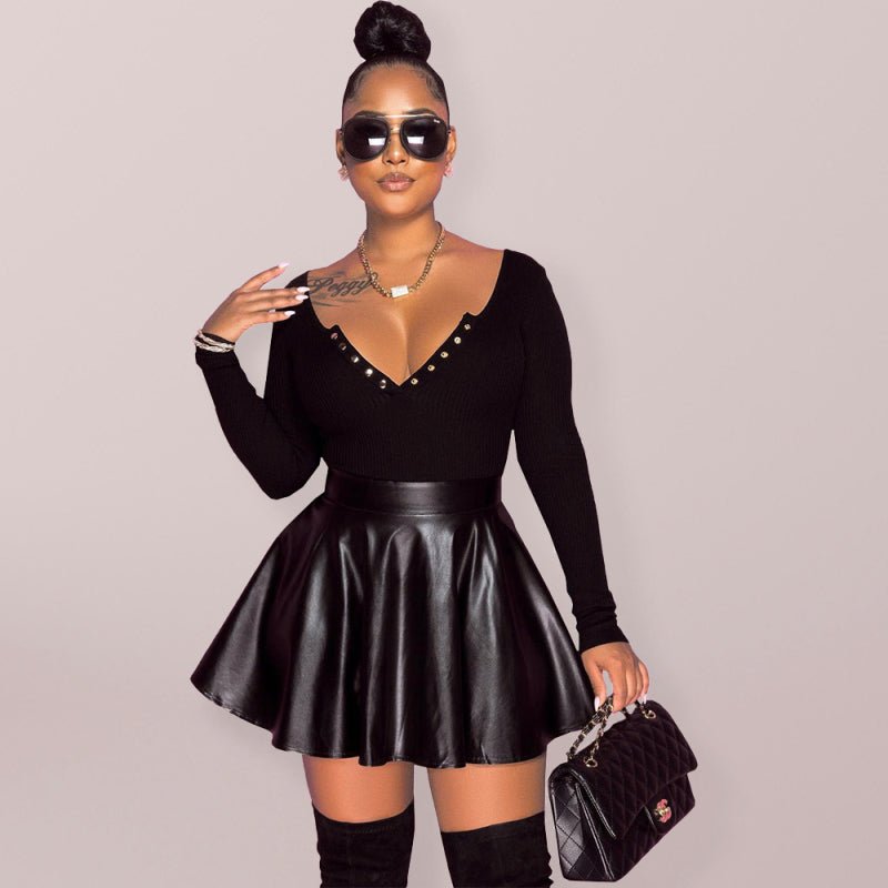 Women’s High Waist Swing Faux Leather Mini Skirt - Blu Pepper Boutique