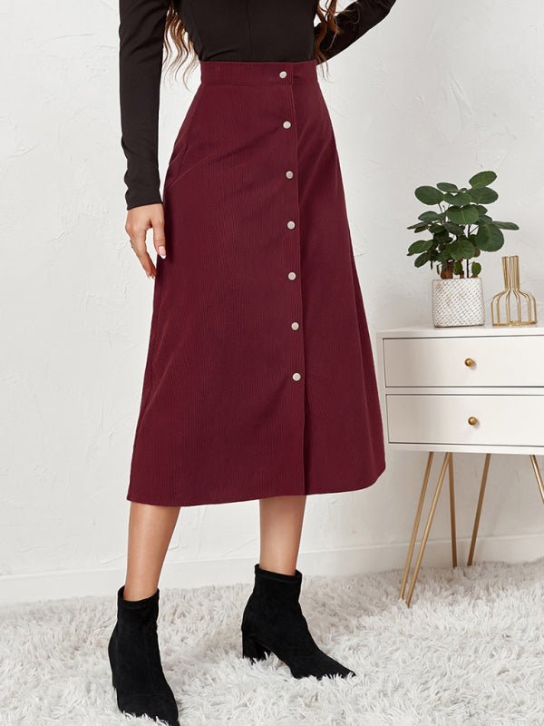 Women's Solid Color Corduroy Button Front A Line Midi Skirt - Blu Pepper Boutique