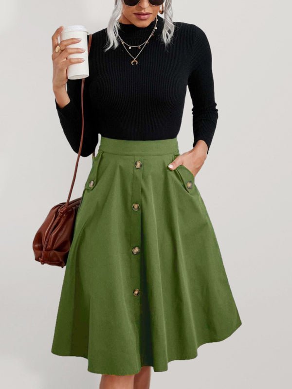 Women's Solid Color Faux Button Front Midi Length A Line Skirts - Blu Pepper Boutique