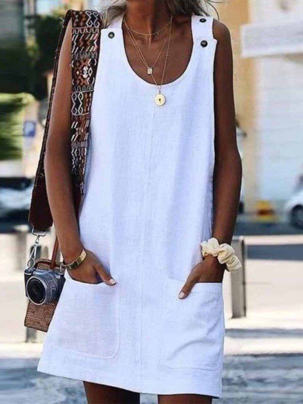 Women's Solid Color Pocket Button Linen Blend Sleeveless Dress - Blu Pepper Boutique