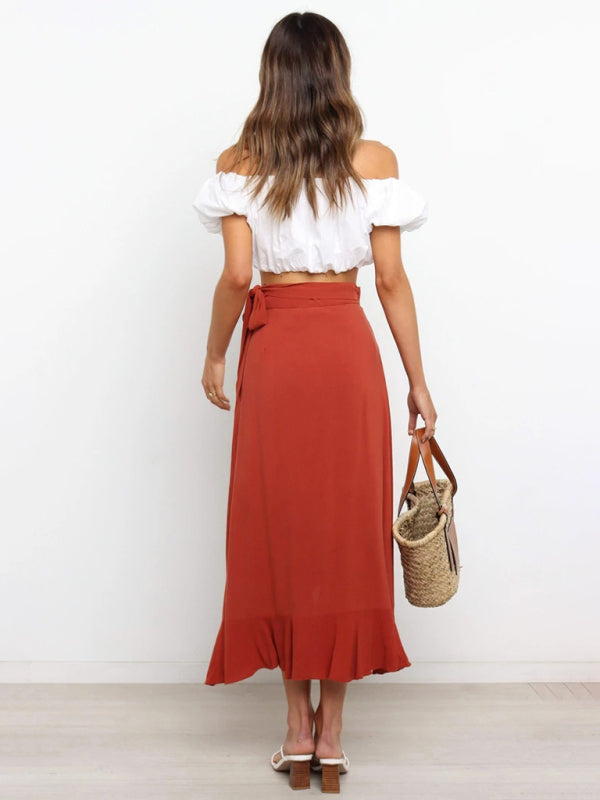 One Piece Tie Long Skirt Irregular Cover Hip Solid Color Skirt