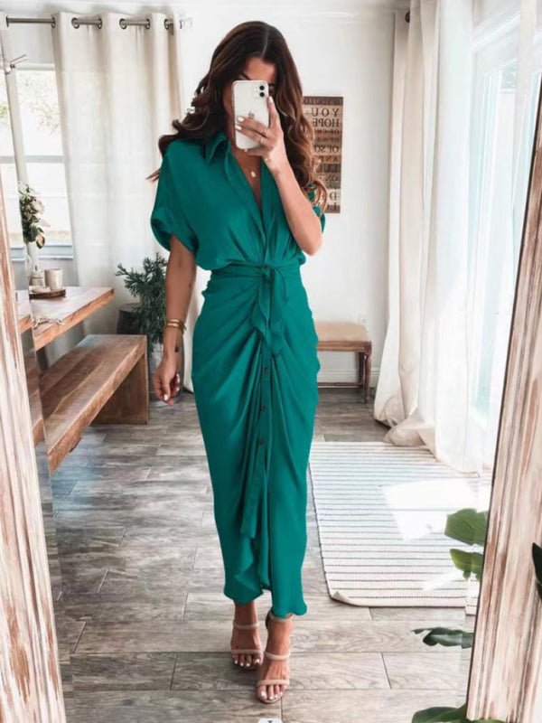 Women's Solid color pleated short sleeve shirt dress - Blu Pepper Boutique