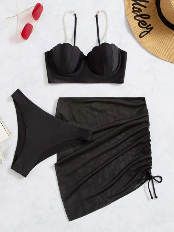 Women's solid color shell shape bikini three-piece sets - Blu Pepper Boutique