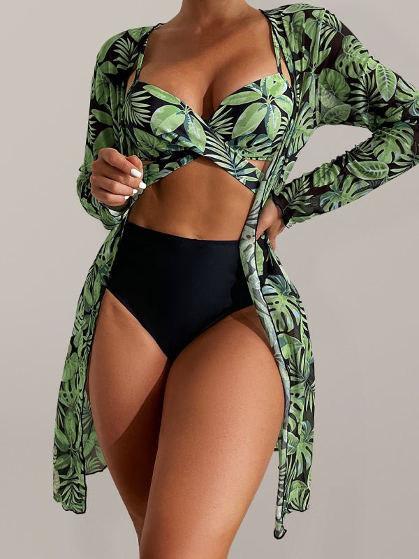Women's tropical print bikini three-piece sets - Blu Pepper Boutique