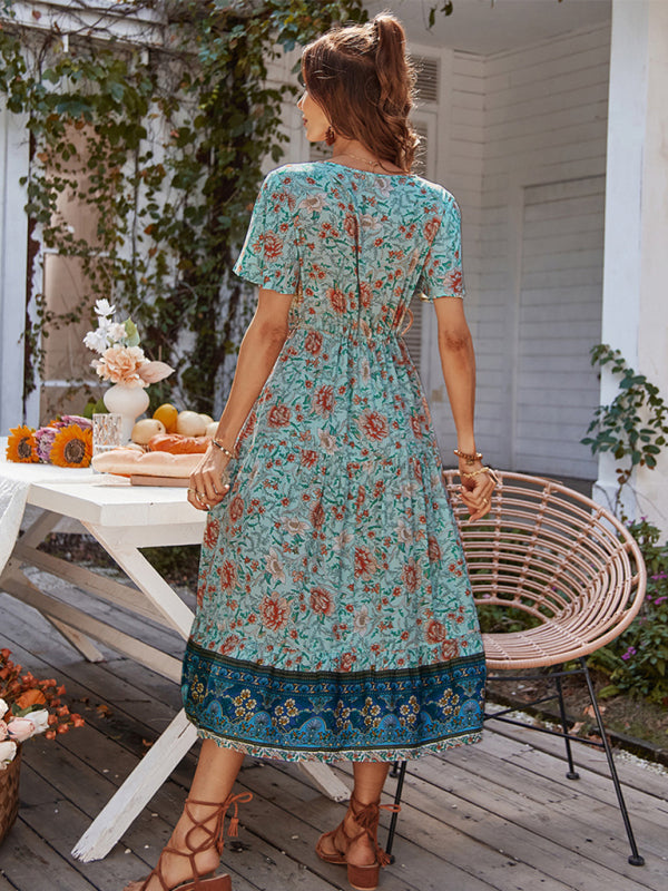 Women's V-neck short-sleeved bohemian long-sleeved dress