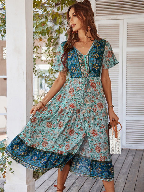 Women's V-neck short-sleeved bohemian long-sleeved dress