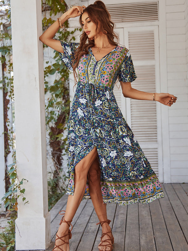 Women's V-neck short-sleeved bohemian long-sleeved dress