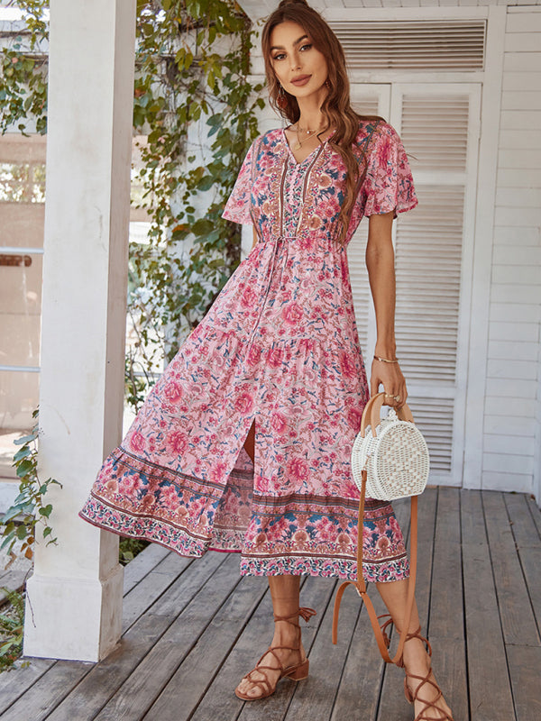 Women's V-neck short-sleeved bohemian long-sleeved dress