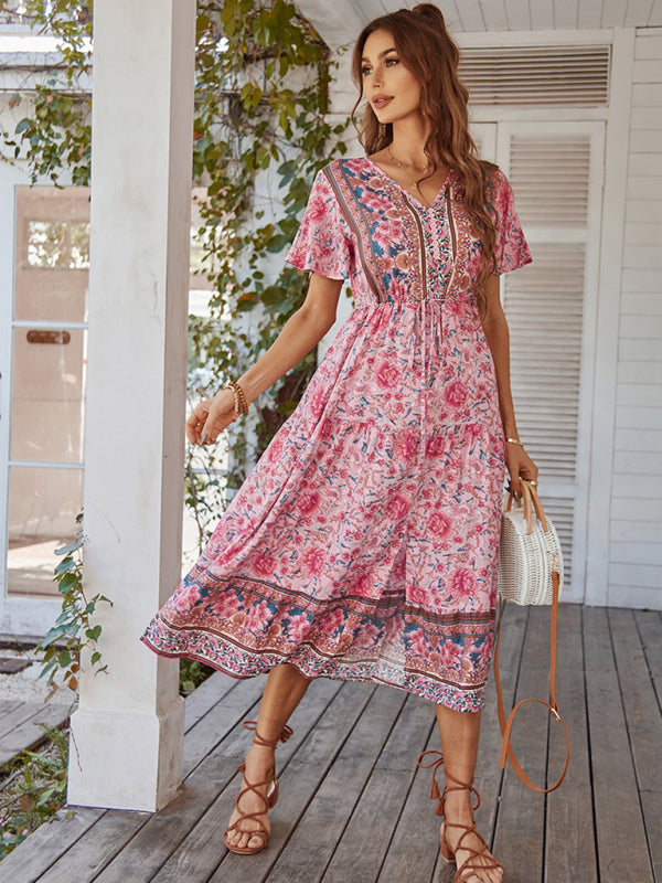 Women's V-neck short-sleeved bohemian long-sleeved dress