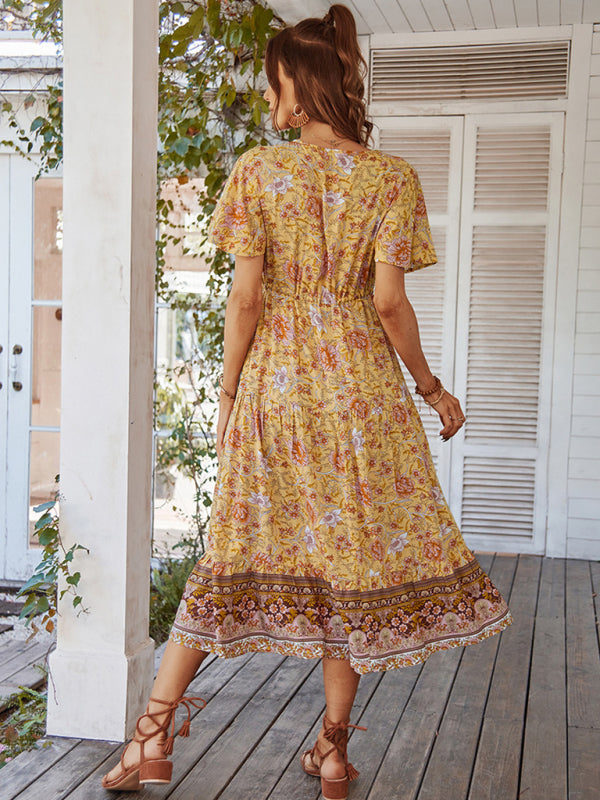 Women's V-neck short-sleeved bohemian long-sleeved dress