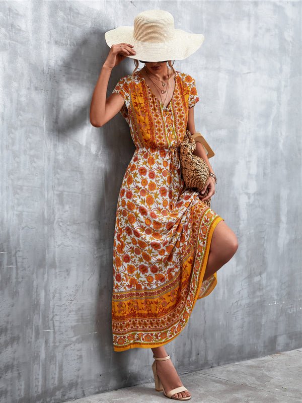 Women's Short Sleeves V-neck Long Bohemian Maxi Dress - Blu Pepper Boutique