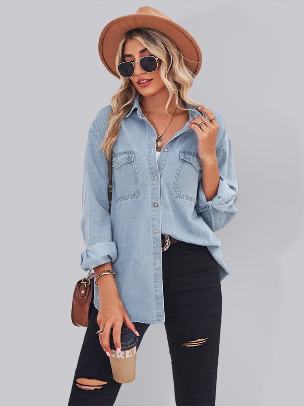 New light-colored thin denim long-sleeved shirt for women - Blu Pepper Boutique