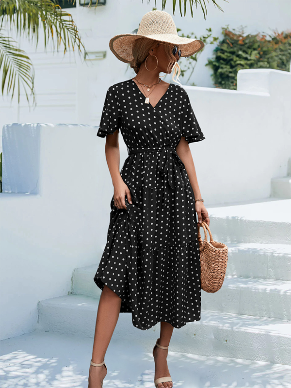 Women's Polka Dot Print V-neck Fluttery Sleeves Faux Wrap Tiered Midi Dress