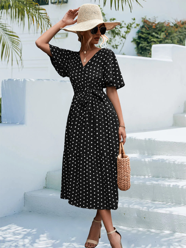 Women's Polka Dot Print V-neck Fluttery Sleeves Faux Wrap Tiered Midi Dress