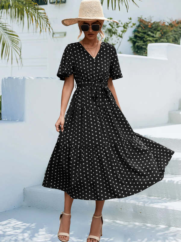 Women's Polka Dot Print V-neck Fluttery Sleeves Faux Wrap Tiered Midi Dress