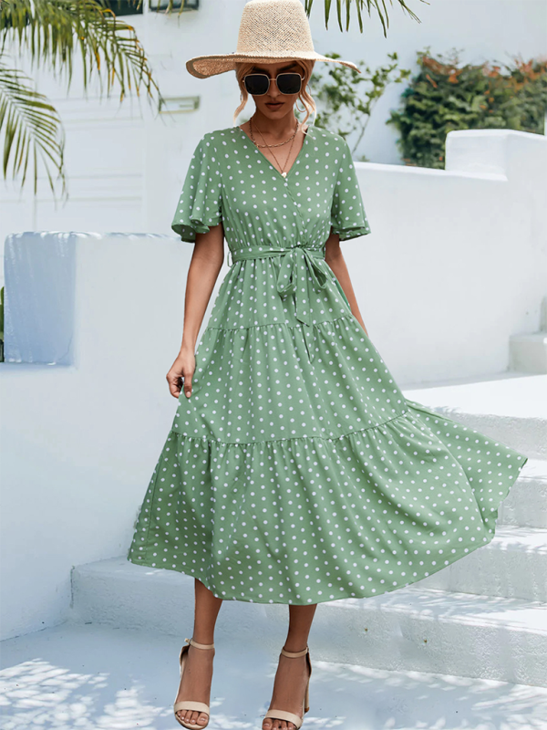 Women's Polka Dot Print V-neck Fluttery Sleeves Faux Wrap Tiered Midi Dress