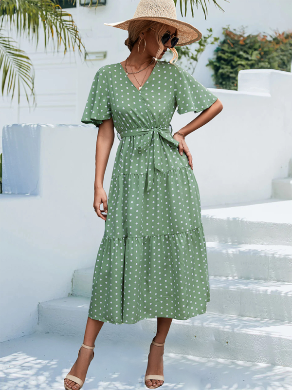 Women's Polka Dot Print V-neck Fluttery Sleeves Faux Wrap Tiered Midi Dress