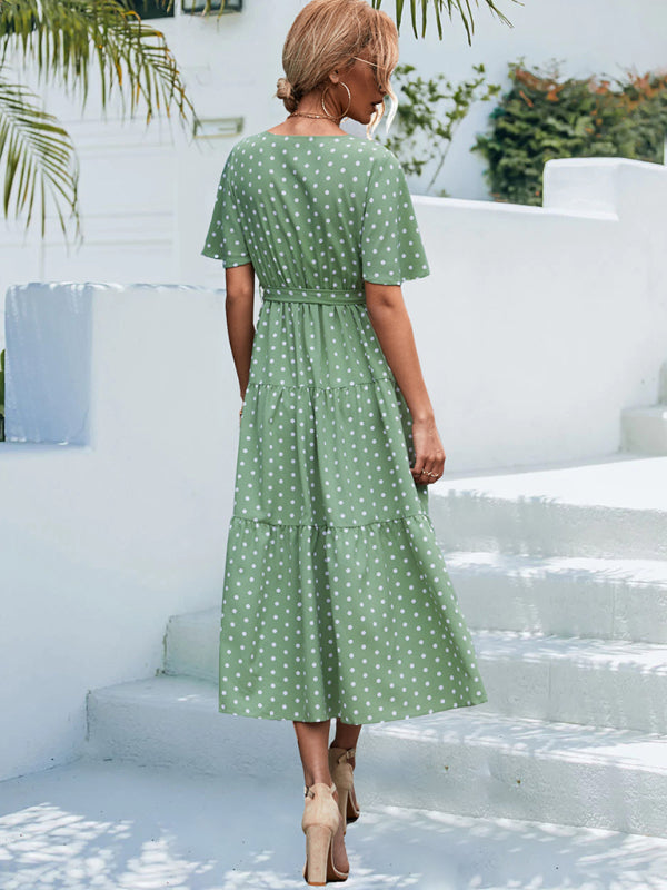 Women's Polka Dot Print V-neck Fluttery Sleeves Faux Wrap Tiered Midi Dress