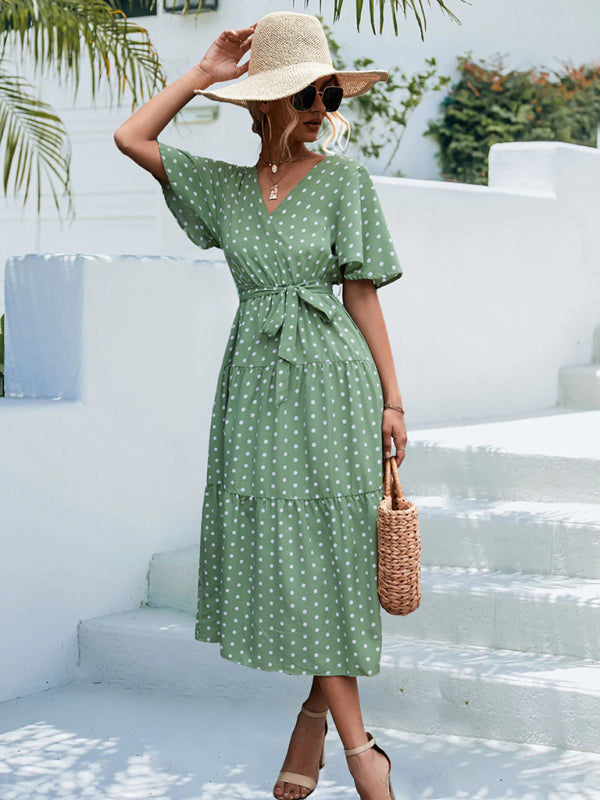 Women's Polka Dot Print V-neck Fluttery Sleeves Faux Wrap Tiered Midi Dress