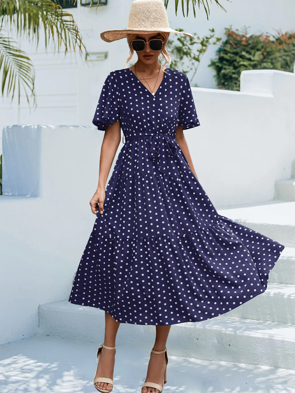 Women's Polka Dot Print V-neck Fluttery Sleeves Faux Wrap Tiered Midi Dress