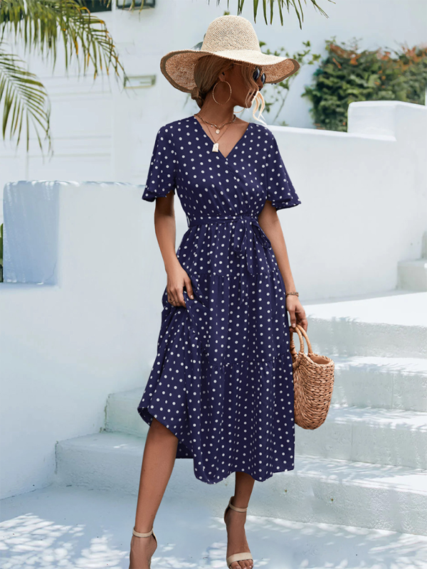 Women's Polka Dot Print V-neck Fluttery Sleeves Faux Wrap Tiered Midi Dress