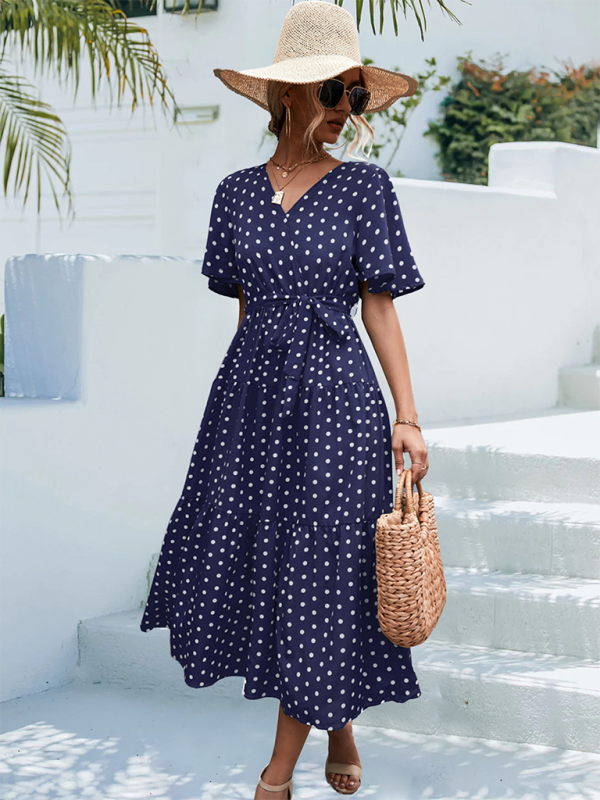 Women's Polka Dot Print V-neck Fluttery Sleeves Faux Wrap Tiered Midi Dress