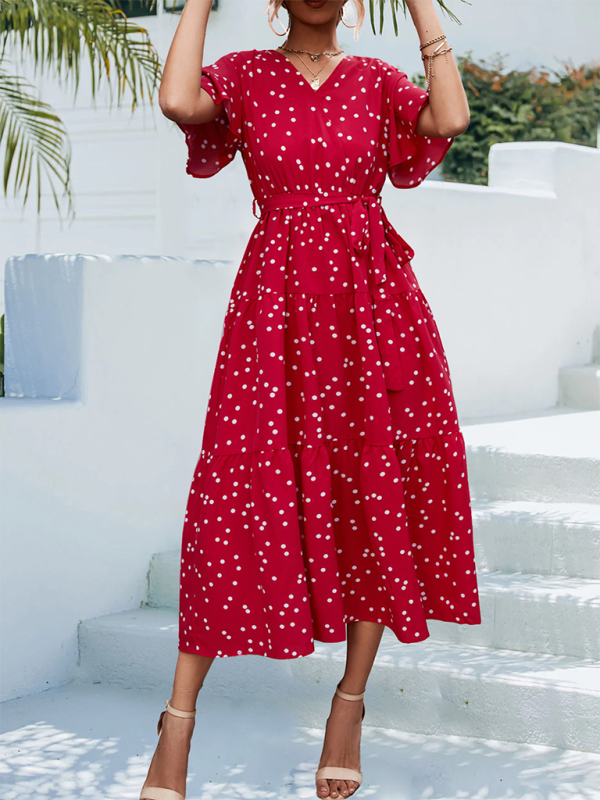 Women's Polka Dot Print V-neck Fluttery Sleeves Faux Wrap Tiered Midi Dress