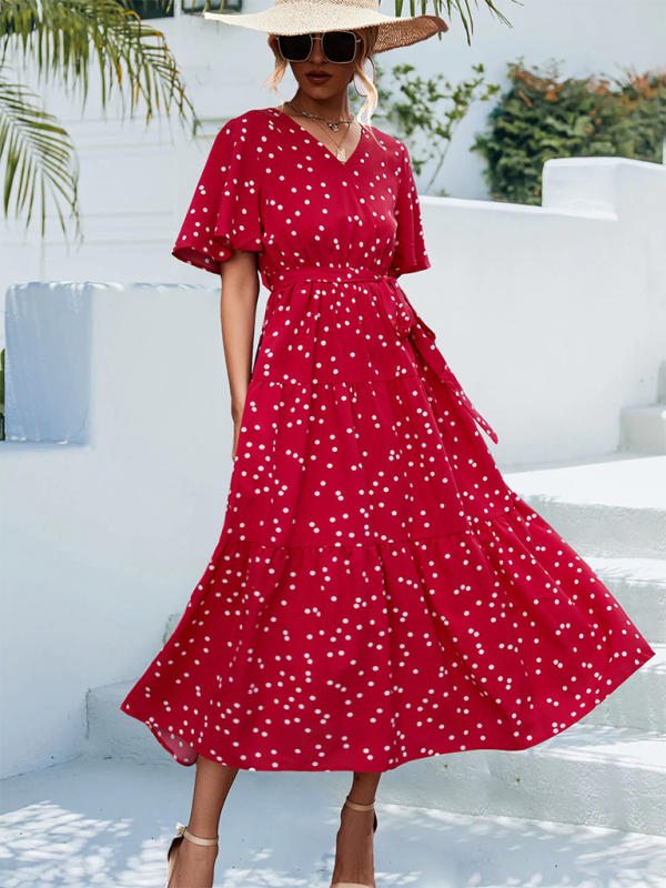 Women's Polka Dot Print V-neck Fluttery Sleeves Faux Wrap Tiered Midi Dress