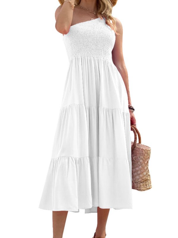 Women's Solid-color One-shoulder Smocked Tiered Midi Dress - Blu Pepper Boutique