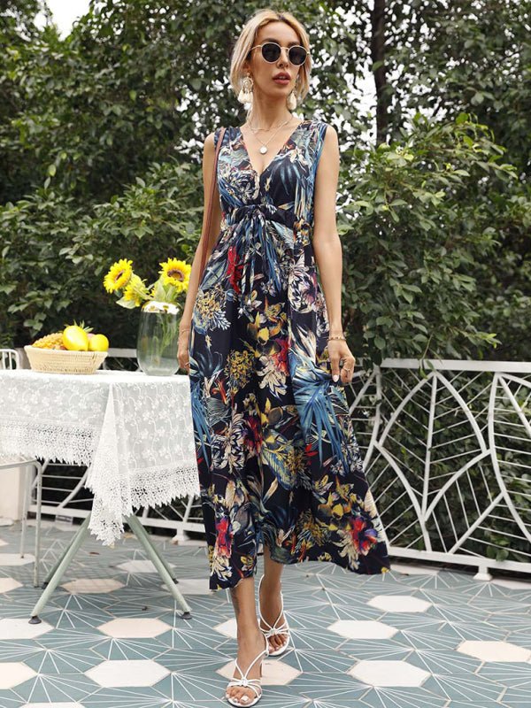 Women's Floral Print Twist Front Sleeveless Midi Dress - Blu Pepper Boutique