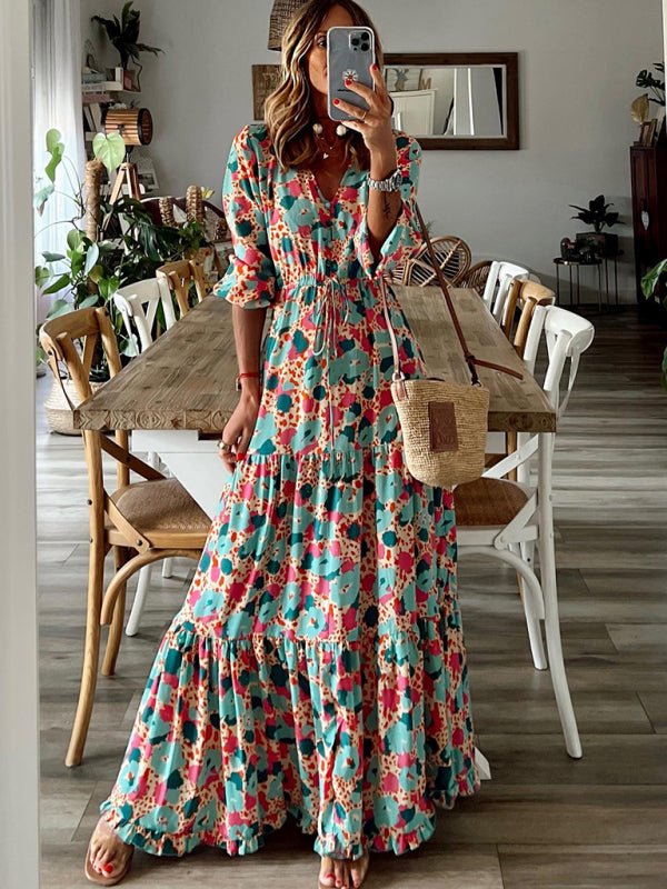 Women's Floral Print Tiered Puff Ruffle Sleeve Maxi Dress - Blu Pepper Boutique