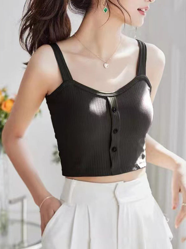 Women's Solid Color button Front Details Bib Crop Tank
