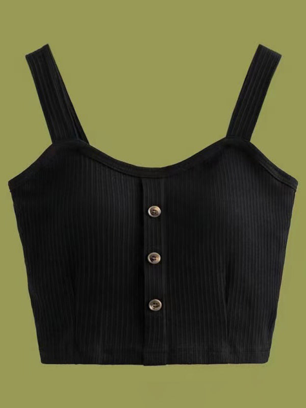 Women's Solid Color button Front Details Bib Crop Tank