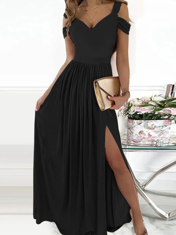 Women's long dress printed V-neck temperament sleeveless sexy slit dress - Blu Pepper Boutique