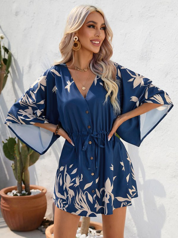 Women's Beach Dolman Half Sleeve V-neck Floral Print Adjustable Dress - Blu Pepper Boutique