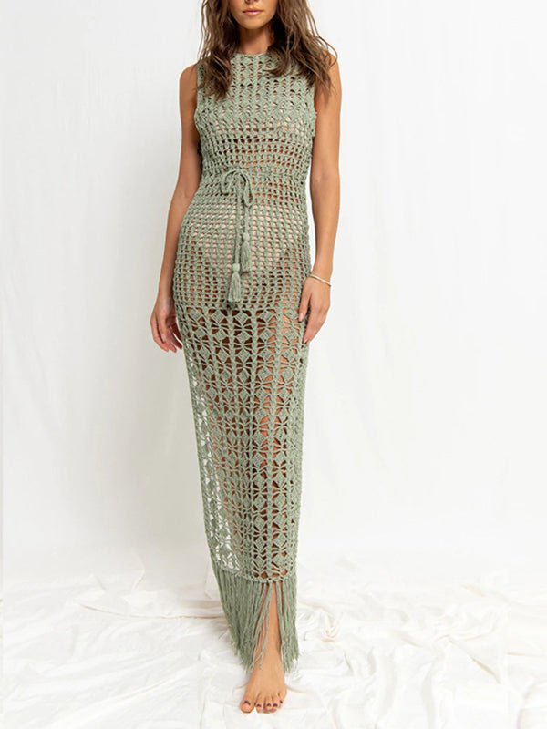 Women's Bikini Top Hollow Lace Tassel Swimsuit Coat Beach Long Dress - Blu Pepper Boutique