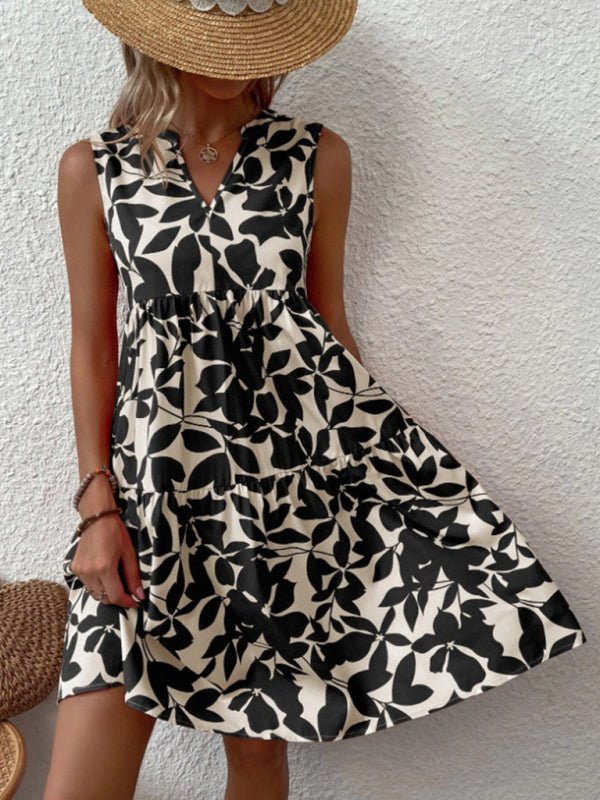 Women's Floral Print V Neck Pleated Print Dress - Blu Pepper Boutique