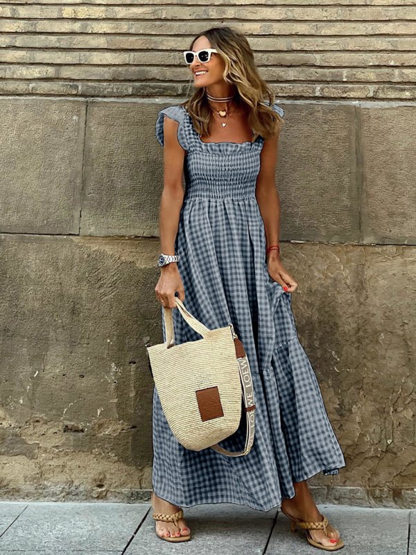 Summer Temperament Women's Collage Plaid Sling Elastic Swing Dress - Blu Pepper Boutique