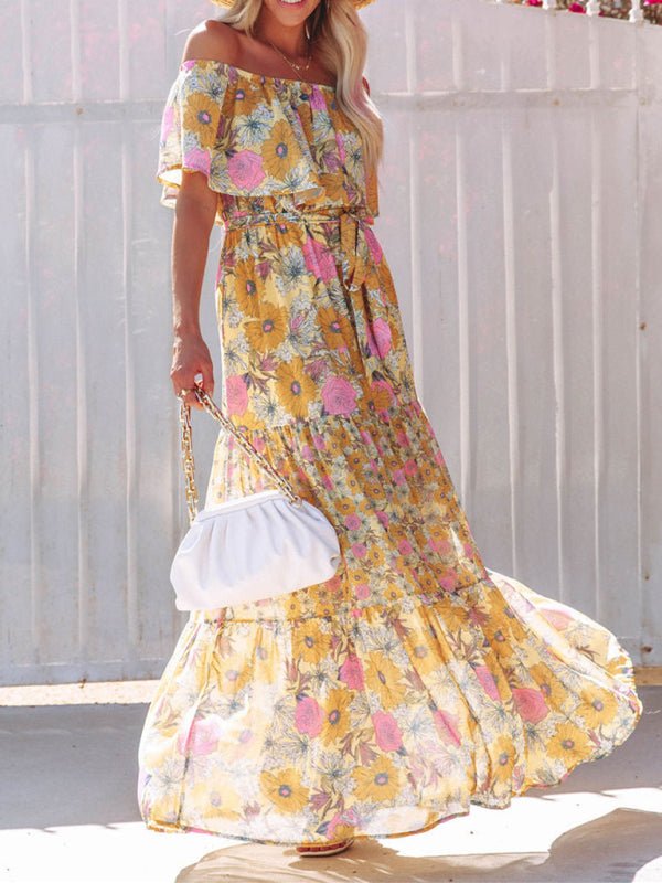 New one-shoulder printed long swing dress - Blu Pepper Boutique