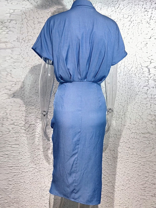 Women's Denim Button Down Short Sleeve Ruched Waist Tie Shirtdress