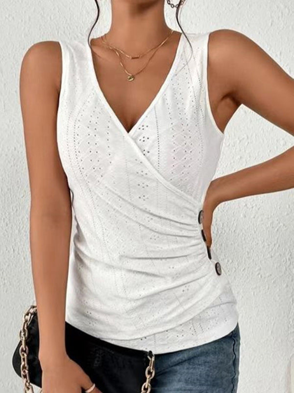 Women's Solid Color Eyelet Lace Cross Over A Sleeveless Top
