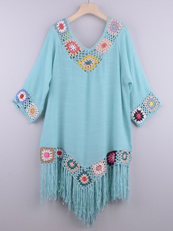 Three-quarter sleeve chain link flower splicing irregular tassel anti-sun blouse ethnic style dress - Blu Pepper Boutique