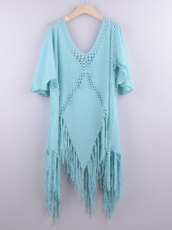 New style hand hook splicing sun protection top jacket tassel irregular bikini beach cover-up - Blu Pepper Boutique