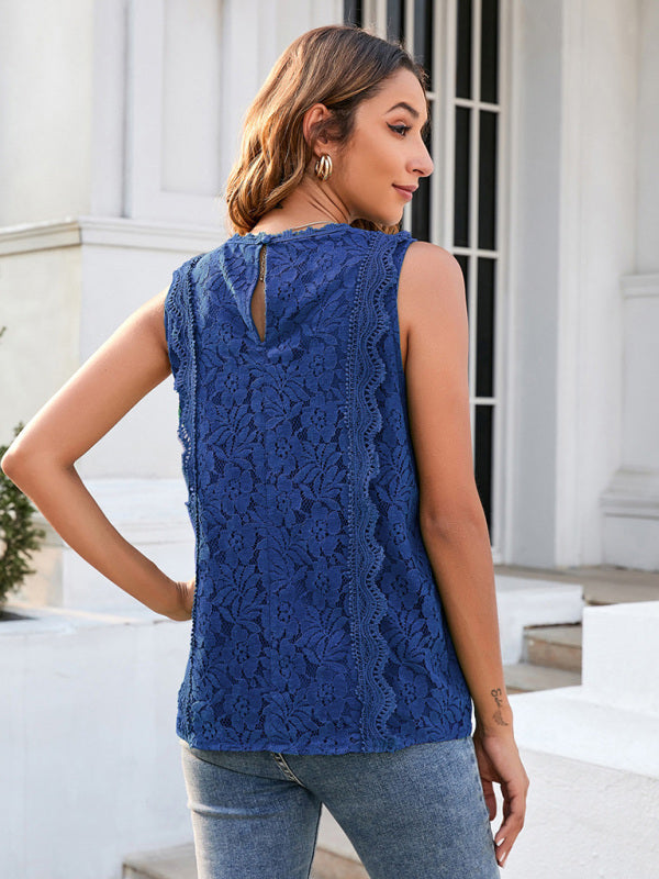 Women's Solid Color V-Neck Lace Sleeveless Top