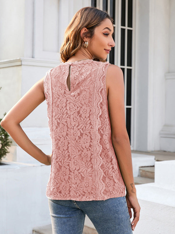 Women's Solid Color V-Neck Lace Sleeveless Top