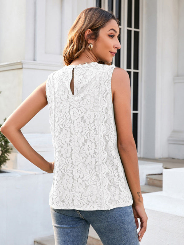Women's Solid Color V-Neck Lace Sleeveless Top