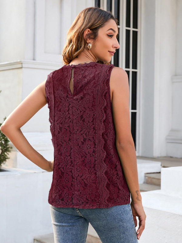 Women's Solid Color V-Neck Lace Sleeveless Top
