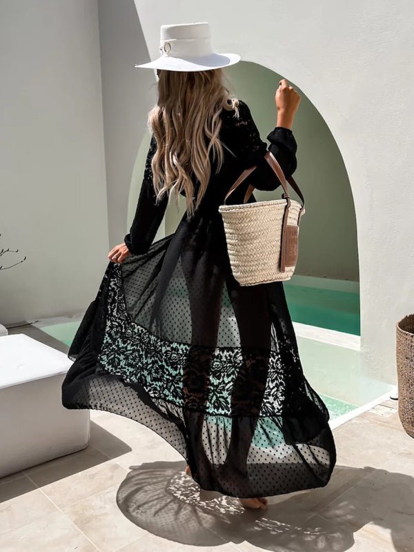 Women's chiffon stitching lace long coat sun protection shirt blouse - Blu Pepper Boutique