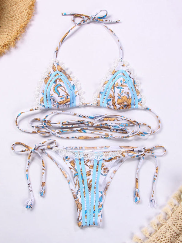 Sexy Ribbon Panel Lace Ties Printed Bikini