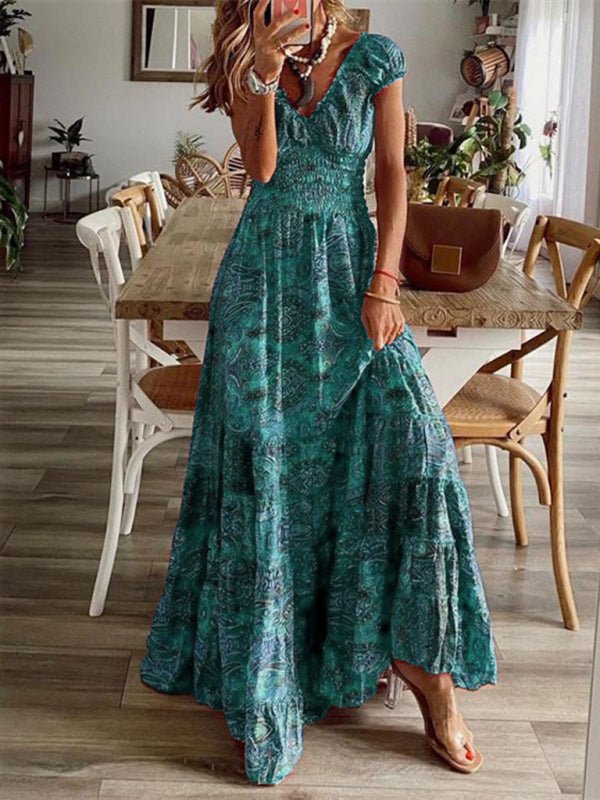 Women's Floral Puff Sleeve V-Neck Maxi Dress - Blu Pepper Boutique